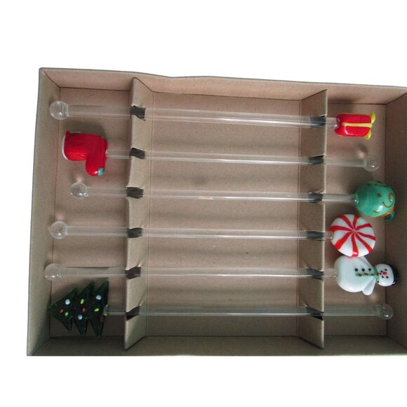 Set Of 6 Hand Blown Glass Christmas Themed Swizzle Sticks EUC - Picture 8 of 16